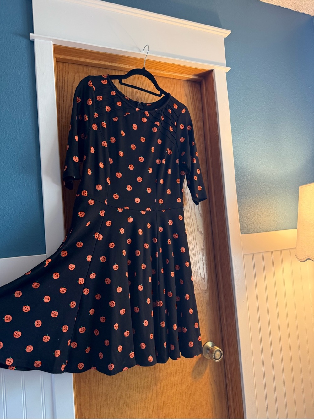 Unique Vintage Black Dress with Orange Pumpkin Print
